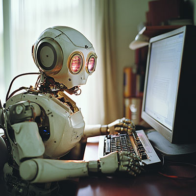 A robot typing at the computer